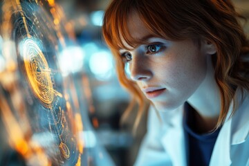A focused female scientist intensely studies a complex futuristic interface, illuminated by vibrant, swirling digital data.