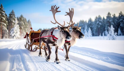 Two reindeer pulling a sleigh through snowy winter landscape