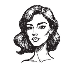 Beautiful Woman Doodle Black and White Illustration Fashion Girl Portrait Line Art Sketch Vector