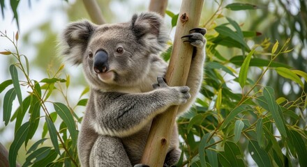 Fototapeta premium Cute Koala Bear Climbing Eucalyptus Tree in Australia