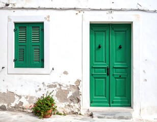 Whitewashed house with green door and shutters