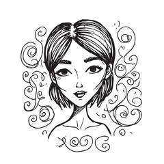 Beautiful Woman Doodle Black and White Illustration Fashion Girl Portrait Line Art Sketch Vector