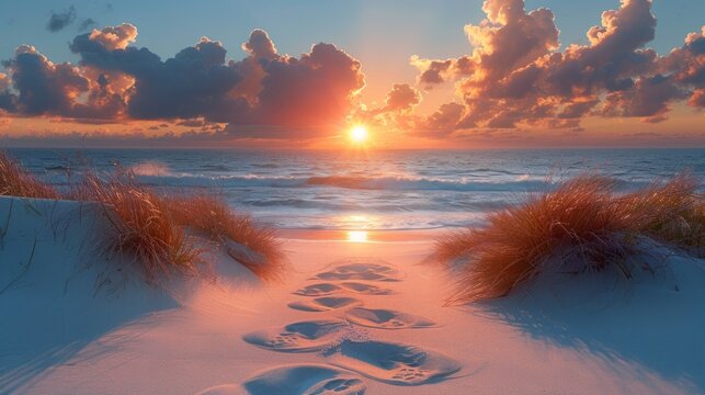 Sunset over the sea with clouds and grass on a sandy beach. Useful for tourist brochures, relaxing social media posts, and travel and nature websites.
