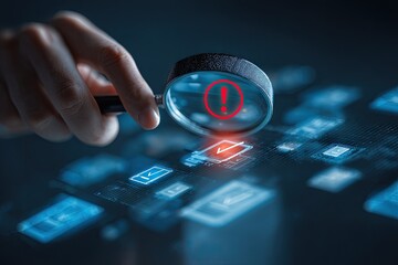 Cybersecurity Threat Detection - Magnifying Glass Inspecting Error Symbol on Digital Interface.