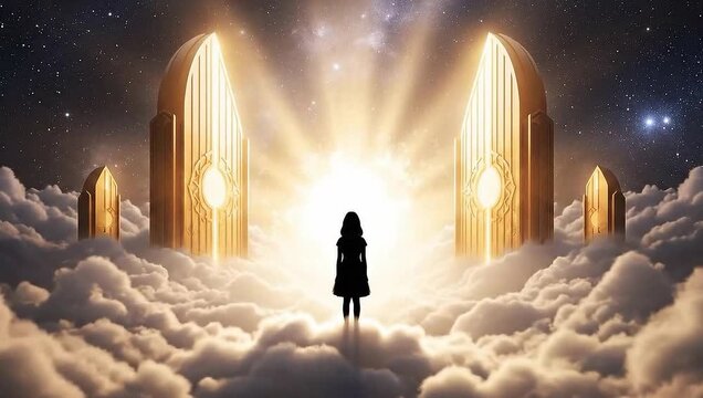 Silhouette of girl standing in front of golden gates of heaven in clouds at night sky