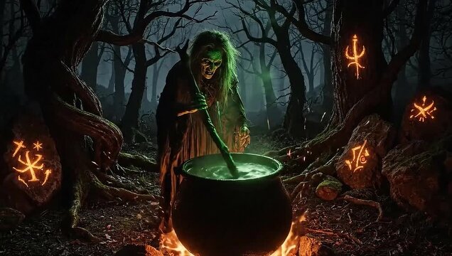 Scary witch stirring cauldron with glowing symbols in haunted forest at night
