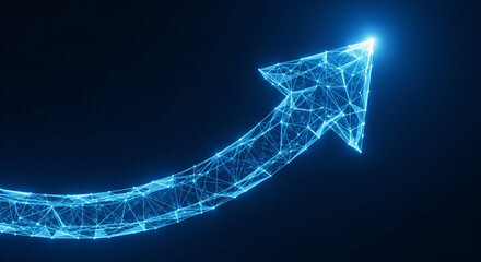 A futuristic, glowing blue arrow made of a digital network of interconnected lines and dots, symbolizing growth, innovation, and technological progress