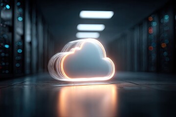Futuristic glowing cloud icon symbolizing digital data storage in a modern server room.