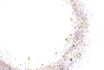 Sparkling gold and purple glitter stars scattered on white background. Perfect for festive designs, cards, and invitations.