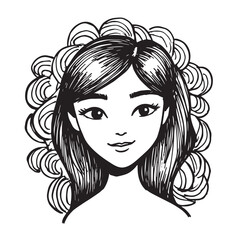 Beautiful Woman Doodle Black and White Illustration Fashion Girl Portrait Line Art Sketch Vector