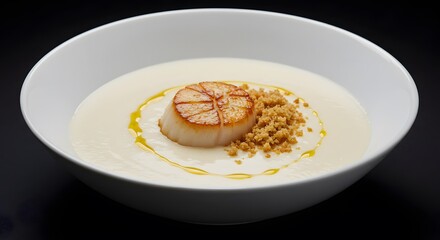 Seared Scallop Creamy Soup in White Bowl on Dark Background