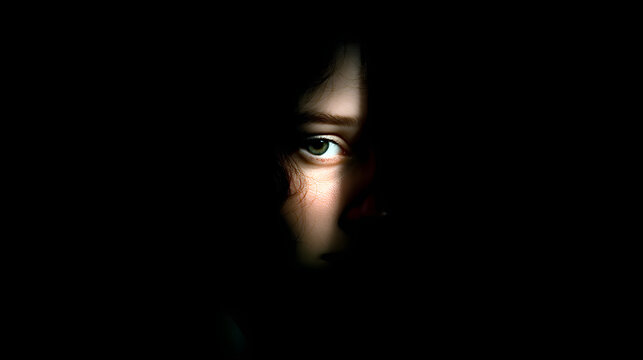 Woman hiding in darkness with light illuminating face