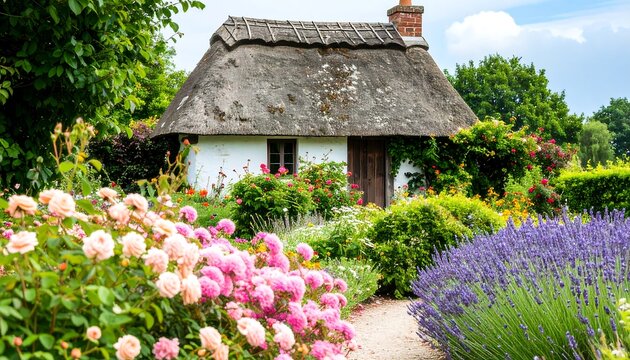 Charming cottage nestled in a colorful garden
