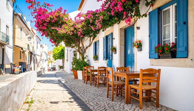 Charming European alley with flowers and cafe