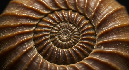 Close up of a fossilized ammonite shell showing a perfect Fibonacci spiral pattern.