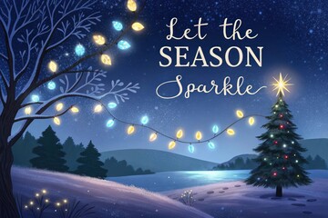 Naklejka premium Twinkling Christmas Lights Reflected in Fresh Snow Under Deep Blue Night Sky