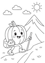 coloring book page of a pumpkin hiking in the mountains.