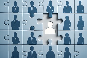 Concept of finding the right person for a job vacancy, symbolized by a missing piece in a puzzle of employee silhouettes.