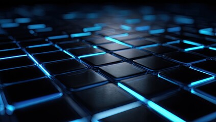 Futuristic digital surface with glowing blue lines and dark squares.
