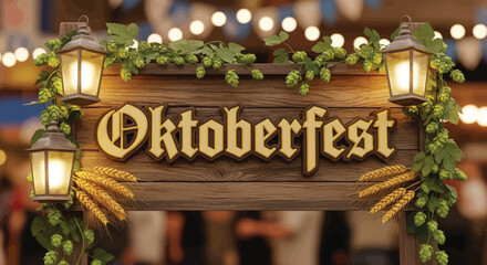 Wooden sign for Oktoberfest with lanterns and hop plants.