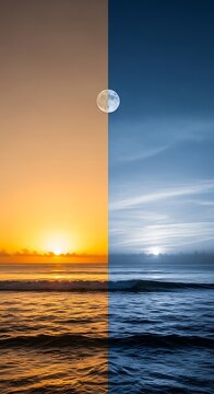 Day and Night Ocean Split: Conceptual View of Sunrise and Moonlight with Waves