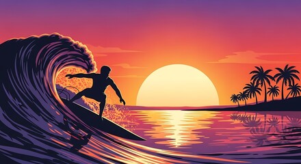 Surfer rides a massive wave at sunset with palm trees on the horizon