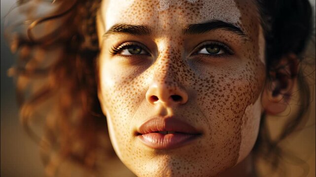Young woman with vitiligo and freckles gazing upward, confidently skin celebrating natural diversity video 4k