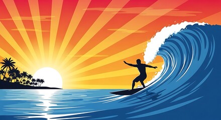 Surfer rides a massive wave at sunset with tropical island backdrop