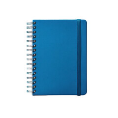 Bright blue spiral notebook with elastic band and metal spirals isolated on white background for school and office use