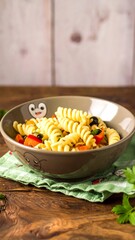 Pasta salad in a bowl on a wooden table