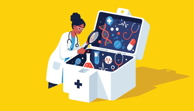 Doctor examining medical supplies in an open first aid kit with a bright yellow backgroundDoctor examining medical supplies in an open first aid kit with a bright yellow background