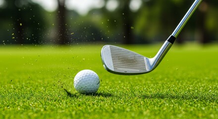 A golfer preparing to strike a white golf ball on a tee with a driver club on a green course. golf club and ball on green