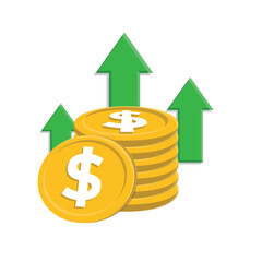 Money icon. Currency increase. Stack of coins with an upward arrow. paying, economy, financial. Isometric design style.