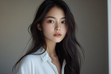 Portrait of a young woman with long dark hair, wearing a white shirt, looking directly at the camera.