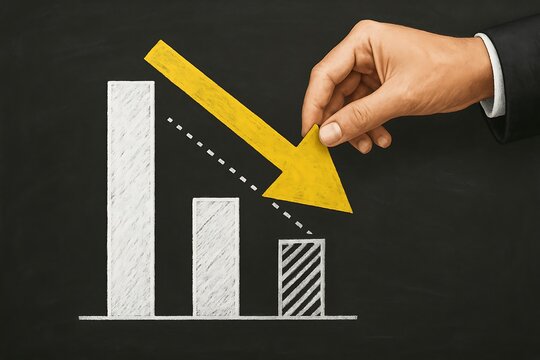 Concept of financial crisis and economic recession with a hand placing a downward arrow on a falling bar chart.