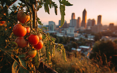 Ripe tomatoes growing against a city skyline at sunset