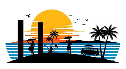 Tropical sunset scene with silhouetted figures and palm trees