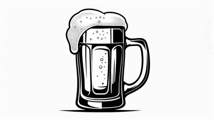 Stylized Black and White Beer Mug with Overflowing Foam, Isolated