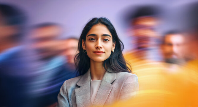 Confident young businesswoman in focus as blurred colleagues move on purple backdrop
