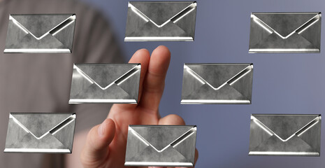 Digital marketing, email management, inbox zero.  Hand interacts with floating email icons.