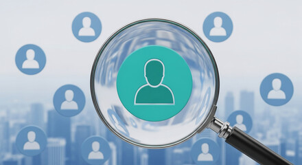 Magnifying glass focuses on teal profile icon among blurred blue profile icons, city backdrop.  Represents targeted recruitment, personnel search, or customer focus