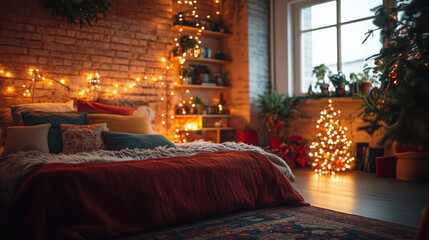 Obraz premium a small cozy studio apartment with Christmas lights and festive cushions