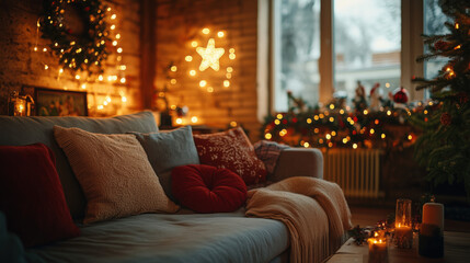 Obraz premium a small cozy studio apartment with Christmas lights and festive cushions