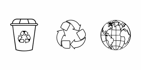 Outline drawing of a recycling bin, recycling symbol and a globe with continents in black and white