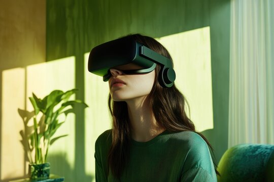 A young woman wearing a VR headset, immersed in a virtual reality experience.