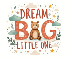 Naklejka premium Nursery wall art baby bear dream little one poster, sleeping teddy on cloud with moon, stars and leaves, kids room printable illustration for baby shower decor, gentle bedtime quote for newborns