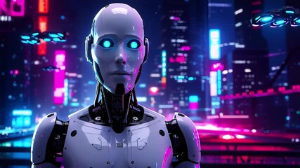 A white android faces forward, amidst a cyberpunk cityscape with flying drones in a neon glow - Powered by Adobe