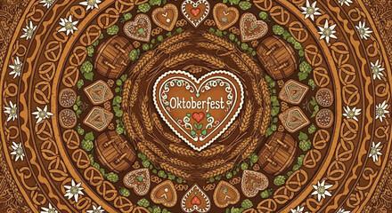Oktoberfest themed mandala with gingerbread heart, pretzels, beer barrels, edelweiss and wheat.
