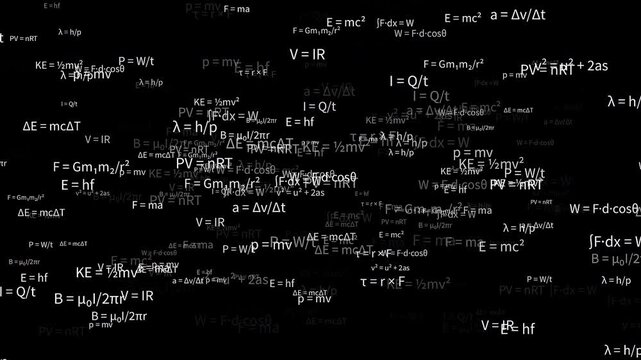 A seamlessly looping animation of scientific physics formulas and equations floating. 4K Video Overlay