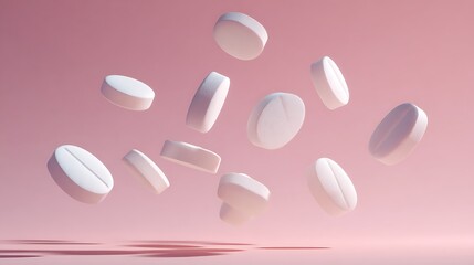 Conceptual Image of White Pills Levitating on a Pink Background / ピンクの背景に浮かぶ白い錠剤のコンセプチュアルイメージ